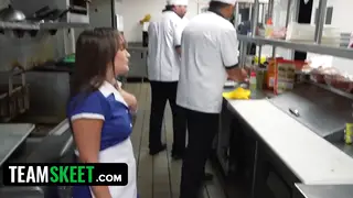 Petite Waitress Serves the Whole Kitchen Crew in a Gangbang
