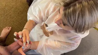 Blonde Femdom in Sheer Raincoat Delivers Ruined Handjobs