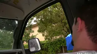 Curvy Brunette Rides Partner Inside a Moving Van