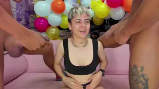 Colombian Amateur Kneels for Sloppy Double Blowjob in POV