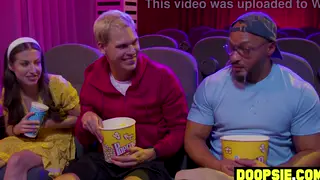 Bisexual Studs and Curvy MILF Threesome in Theater