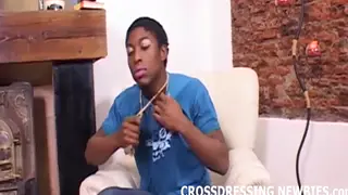 Ebony Crossdresser Teases in Sheer Lingerie Solo