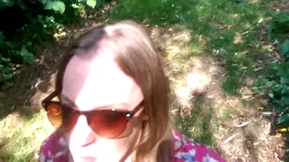 European Woman Swallows Outdoors in POV