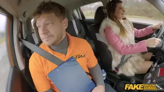 Brunette Student Rides Instructor Deep in Car Lesson