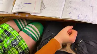 European Schoolgirl Risks Handjob Under Desk During Class