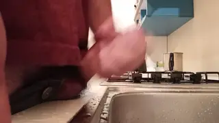 Hairy European Bear Pisses in Kitchen Sink Then Cums