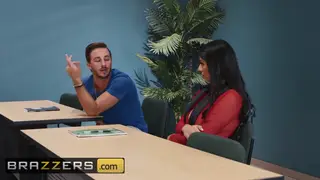Curvy Brunette Coed Rides Teacher in Classroom