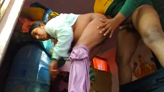 Indian Stepsister Bent Over in Outdoor Bathroom