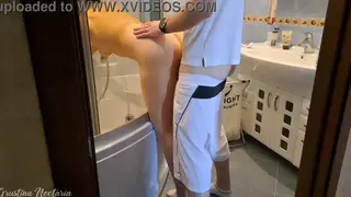 Slender Euro Babe Takes It Doggy in the Bath