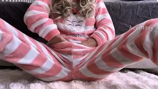 Petite Teen in Pajamas Fingers Hairy Pussy to Squirting Orgasm