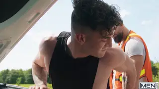 Muscular Hunk Bends Over Car Hood for Bareback Ride