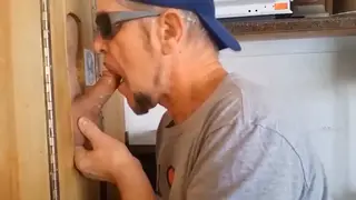 Mature Daddy Guides Teen Through Gloryhole Blowjob