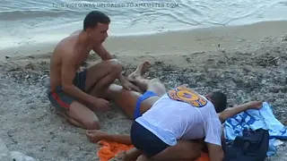 Muscular Europeans Share Bareback Threeway on a Sunny Beach