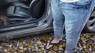 Chubby Guy Wets His Pants Beside Car While Partner Films