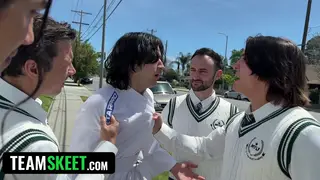 Petite Asian Babes Share Cocks in an Outdoor Gangbang Orgy