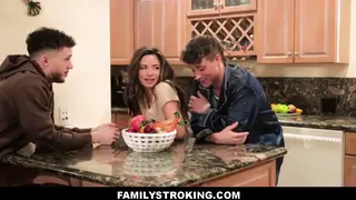 Curvy Latina Stepsister Shares Stepbrother in Kitchen Threesome