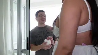 Bossy Neighbour Commands Foot Worship While Husband Watches