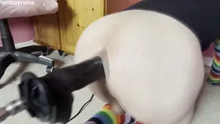 Femboy Rides a Fuck Machine With Large Toys