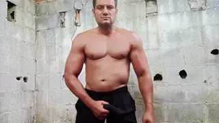 Muscular Latino Bear Flexes and Strokes in Cosplay POV