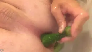 Solo Player Stretches Wide With a Thick Cucumber
