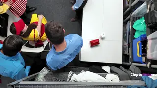 Petite Teen Surrounded by Uniformed Officers in a Blowbang