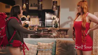 Busty Redhead Nanny Catches Older Man Masturbating on Couch