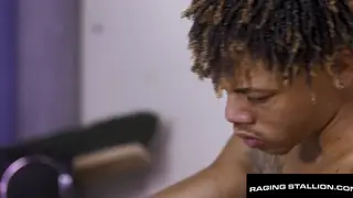 Tattooed Hunk Rides a Machine While Sucking Cock
