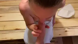 Petite European Teen Gives Deep Blowjob in Sauna POV