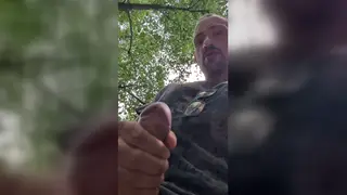 Hairy Bear Strokes Uncut Cock Outdoors POV
