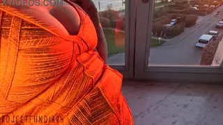 Curvy European Rides Neighbor Outdoors in Bodycon Dress