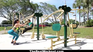 Busty Brunette Rides Her Coach Hard After a Sweaty Gym Session