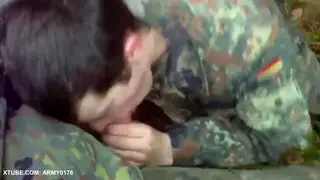 European Soldier in Uniform Deepthroats Buddy to a Choking Cumshot