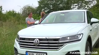 Blonde European Gives Roadside Blowjob and Handjob in a Taxi