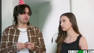 Hairy Teen Stepsister Kneels for Stepbrother Birthday Blowjob