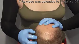 Bald Man Enjoys a Sensual Scalp Massage from Petite Masseuse