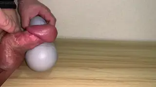 Mature Latino Bear Finishes on Table After Toy Massage