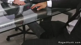 Hairy Hunk Gets Blowjob and Handjob Before Bareback Office Sex