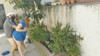 Latina Rides Gardener Outdoors in Lingerie