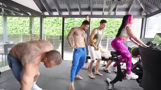 Redhead MILF Takes Four Men in a Wild Gym Gangbang