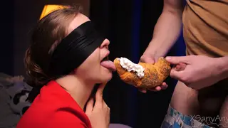 Stepbrother Coaxes Blindfolded Stepsister into Pantyhose Blowjob