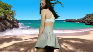 Brunette Teen Flashes Her Skirt on a Windy Beach