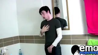 Tattooed Twink Strokes to Cumshot in Bathroom