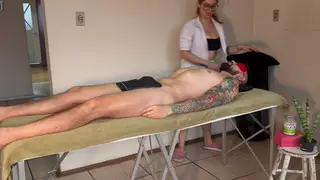 Tattooed Redhead Gives Deep Blowjob During Massage