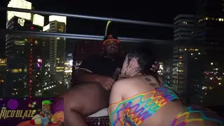 Curvy Ebony Babe Rides BBC on Balcony for Facial Finish