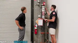 Tattooed Firefighter Barebacks Muscular Jock in Office