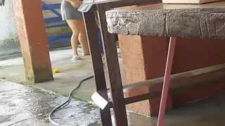 Latina Maid Services Her Boss Outdoors After a Workout