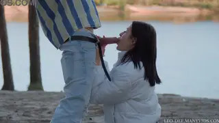Petite Brunette Swallows Cum After Risky Beach Blowjob