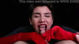 Elegant Handjob Ends With Warm Release on Red Opera Gloves