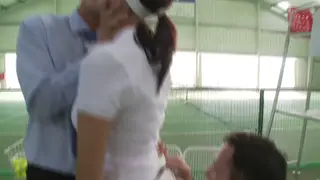 Brunette Teen Rides Two Coaches Roughly on Court