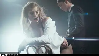 Busty MILF Takes Facial on Stage in Lingerie